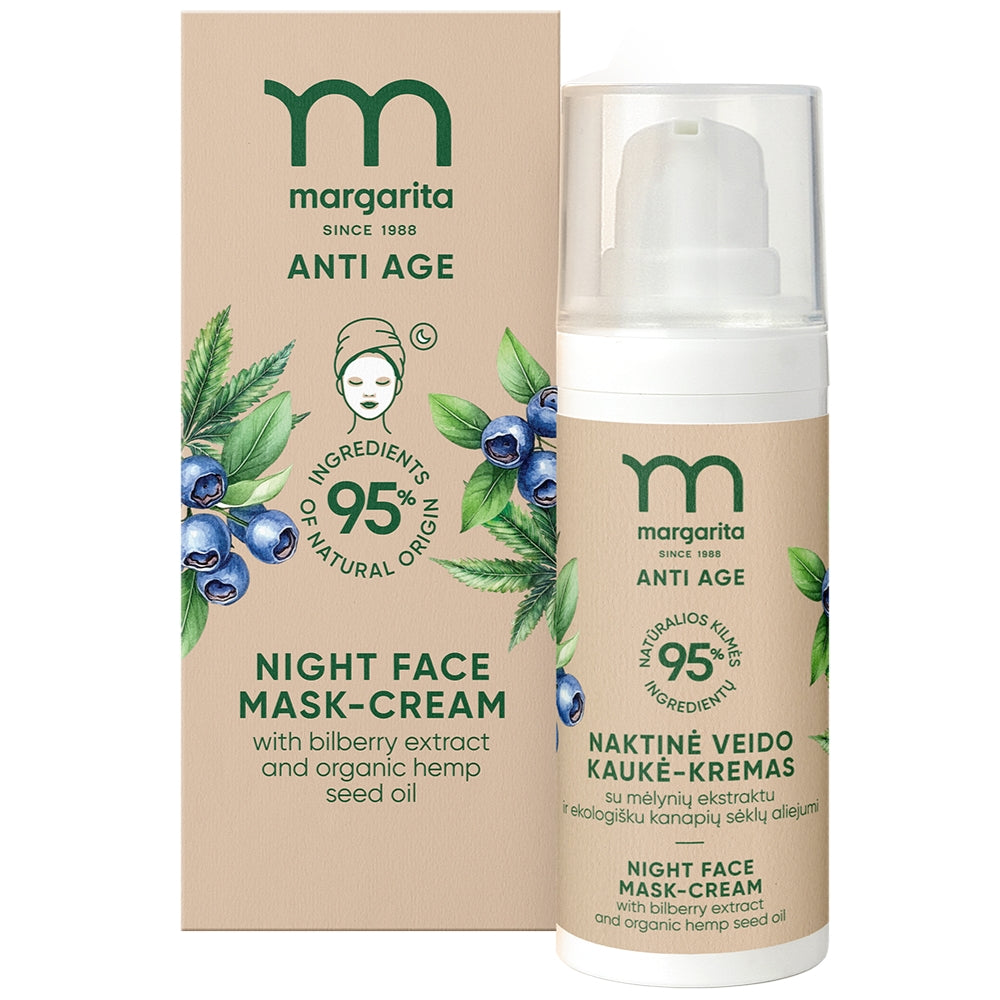 MARGARITA ANTI AGE nočná maska-krém na tvár s výťažkom z čučoriedok a organickým konopným olejom, 50 ml