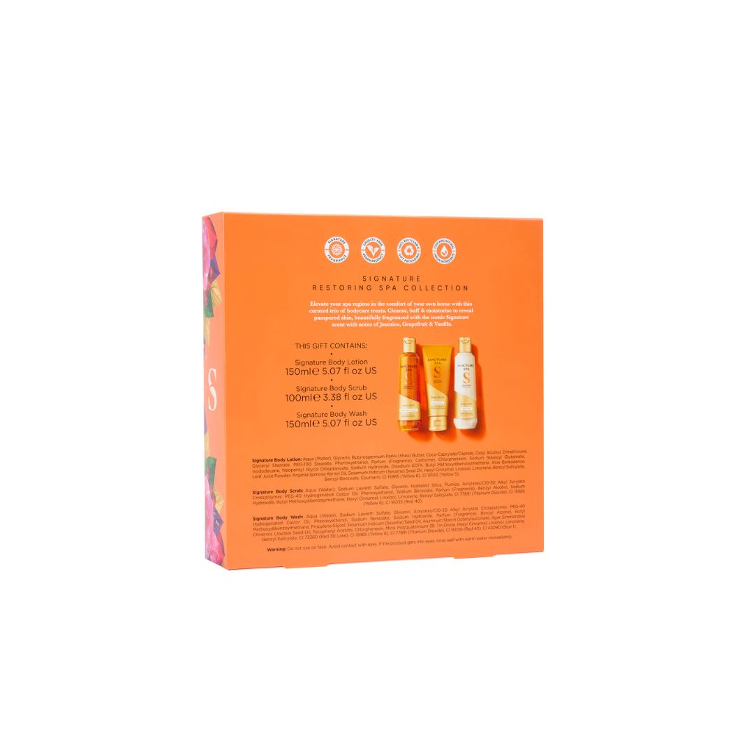Sanctuary Spa Signature Restoring Spa Collection (Sprchový gél 150 ml, Telové mlieko 150 ml, Telový peeling 100 ml)