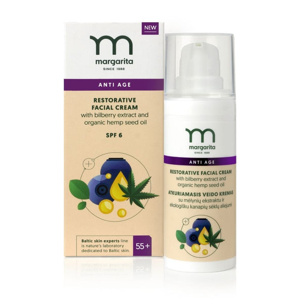 MARGARITA ANTIAGE Obnovujúci pleťový krém s OF6 s výťažkami z čučoriedok a konopným olejom 55+, 50 ml